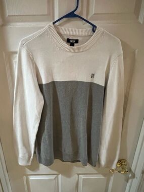 DKNY Two-Tone Crewneck Sweater in White and Gray